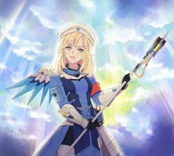 Rule 34 | 1girl, alternate hairstyle, armband, armor, beret, blonde hair, blue bodysuit, blue eyes, blue wings, bodysuit, breasts, cloud, cloudy sky, combat medic ziegler, cowboy shot, eyelashes, faulds, gloves, hat, head tilt, holding, holding staff, light rays, light smile, lips, long sleeves, looking at viewer, mechanical wings, medium hair, mercy (overwatch), outdoors, overwatch, overwatch 1, parted lips, pelvic curtain, pliers, pouch, sky, small breasts, snana, solo, staff, white hat, wings