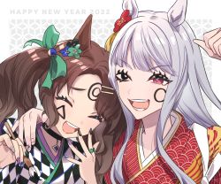 Rule 34 | 2girls, alternate costume, animal ears, black nails, blue nails, blunt bangs, brown hair, choker, closed eyes, facepaint, flower, gold ship (umamusume), grey hair, hair flower, hair ornament, hand to own mouth, hands up, happy new year, holding, holding paintbrush, horse ears, horse girl, japanese clothes, kimono, meumiharagane, multicolored nails, multiple girls, nail polish, new year, one eye closed, paintbrush, parted lips, purple eyes, purple nails, red eyes, tosen jordan (umamusume), twintails, umamusume, upper body