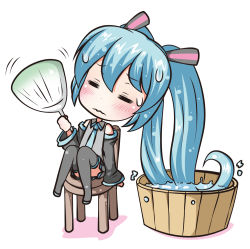 Rule 34 | 1girl, aqua hair, bare shoulders, black thighhighs, blue hair, blush, chair, chibi, detached sleeves, full body, hand fan, hatsune miku, head tilt, knees up, long hair, motion lines, necktie, paper fan, simple background, sitting, skirt, solo, sweat, thighhighs, twintails, uchiwa, usakou, very long hair, vocaloid, water, white background