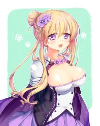 Rule 34 | 1girl, aqua background, areola slip, blonde hair, braid, breasts, cape, cleavage, cowboy shot, flower, flower knight girl, french braid, hair bun, hair flower, hair ornament, highres, ho-cki, impossible clothes, large breasts, looking at viewer, name connection, object namesake, purple eyes, purple skirt, saintpaulia (flower knight girl), short hair, shoulder pads, sidelocks, single hair bun, skirt, smile, solo, violet (flower)