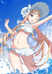 Rule 34 | 1girl, abigail williams (fate), abigail williams (swimsuit foreigner) (fate), abigail williams (swimsuit foreigner) (third ascension) (fate), absurdres, armpits, arms up, bikini, blonde hair, blue eyes, breasts, cloud, eyebrows, fate/grand order, fate (series), female focus, forehead, from below, groin, hat, highres, long hair, looking at viewer, navel, one eye closed, open mouth, outdoors, shinalpha, sky, small breasts, solo, standing, stomach, swimsuit, thighs, underboob, wading, water, white bikini, white hat