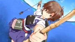 Rule 34 | 10s, 1girl, arrow (projectile), blurry, bow (weapon), brown eyes, brown hair, depth of field, fisheye, foreshortening, kaga (kancolle), kantai collection, muneate, perspective, side ponytail, skirt, solo, water, weapon, yuto (dialique)