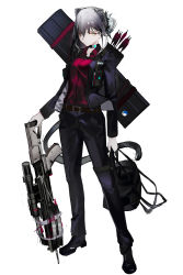 Rule 34 | 1girl, absurdres, alternate costume, animal ears, arknights, arrow (projectile), bag, belt, black collar, black jacket, black pants, bow (weapon), cat ears, cat girl, cat tail, collar, crossbow, full body, gloves, grey hair, hair between eyes, highres, holding, holding bag, infection monitor (arknights), jacket, long hair, looking at viewer, mackia, open clothes, open jacket, pants, quiver, red shirt, schwarz (arknights), shirt, simple background, solo, standing, tail, weapon, white background, white gloves, yellow eyes