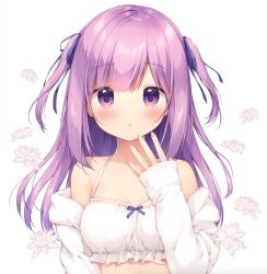 Rule 34 | 1girl, :o, bare shoulders, blue bow, blue ribbon, blush, bow, breasts, collarbone, commentary request, hair ribbon, jacket, long hair, long sleeves, looking at viewer, loungewear, miyasaka naco, off shoulder, open clothes, open jacket, original, parted lips, purple eyes, purple hair, ribbon, simple background, sleeves past wrists, small breasts, solo, two side up, upper body, white background, white jacket