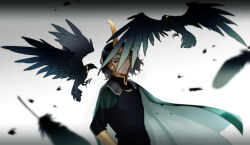 Rule 34 | 1boy, bird, black feathers, black hair, black shirt, cape, closed mouth, commentary, crow, english commentary, fake horns, feathered wings, feathers, flying, gold trim, gradient background, green cape, green eyes, grey background, horns, loki (marvel), long sleeves, looking at another, mandarin collar, marvel, marvel cinematic universe, murdermuffinloki, shirt, short hair, simple background, standing, white shirt, wings