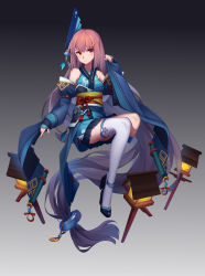 Rule 34 | 1girl, absurdly long hair, absurdres, arnold-s, asymmetrical legwear, bangle, bare shoulders, blue kimono, bracelet, character request, copyright request, full body, furisode, hair ornament, high heels, highres, japanese clothes, jewelry, kimono, kimono skirt, kneehighs, lantern, long hair, long sleeves, looking at viewer, low-tied long hair, miniskirt, obi, pink hair, pleated skirt, red eyes, sash, scroll, single kneehigh, single sock, single thighhigh, skirt, socks, solo, thighhighs, uneven legwear, very long hair, wide sleeves