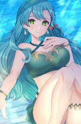 Rule 34 | 1girl, alternate costume, aqua hair, bare arms, bare shoulders, bikini, bow, braid, breasts, chloe (fire emblem), cleavage, commentary request, edamameoka, fire emblem, fire emblem engage, green bikini, green eyes, hair bow, hand on own chest, highres, knees up, large breasts, long hair, looking at viewer, nintendo, orange bow, smile, solo, swimsuit, thighs, very long hair, water