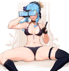 Rule 34 | 1girl, alternate breast size, beret, black panties, blue hair, blue nails, cellphone, choker, covering own eyes, gloves, grey hat, hat, hololive, hoshimachi suisei, jewelry, kollerss, medium hair, nail polish, navel, panties, partially fingerless gloves, pendant, phone, selfie, signature, smartphone, solo, spread legs, taking picture, tongue, tongue out, underwear, v, virtual youtuber