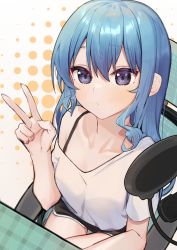 Rule 34 | 1girl, alternate costume, blue eyes, blue hair, breasts, chair, collarbone, crossed legs, from above, hair between eyes, hair down, hand up, hololive, hoshimachi suisei, long hair, looking at viewer, looking up, microphone, shirt, shorts, sitting, small breasts, solo, star (symbol), syhan, table, v, virtual youtuber, white shirt