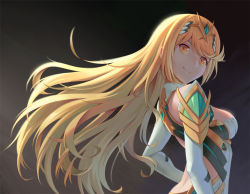 Rule 34 | 1girl, armor, blonde hair, blush, breasts, cleavage, dress, gloves, long hair, looking at viewer, medium breasts, mythra (xenoblade), nintendo, sideboob, simple background, smile, solo, upper body, xenoblade chronicles (series), xenoblade chronicles 2, xenoblade chronicles (series), xenoblade chronicles 2, yaxiya, yellow eyes
