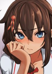 Rule 34 | 1girl, absurdres, ahoge, blue eyes, blush, braid, brown hair, closed mouth, collarbone, dated, gradient background, hair flaps, highres, kantai collection, long hair, looking at viewer, portrait, shigure (kancolle), shigure kai ni (kancolle), single braid, solo, twitter username, umibudou