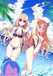 Rule 34 | 3girls, absurdres, bikini, blonde hair, blue eyes, breasts, cang se ye hua, cleavage, cloud, competition swimsuit, day, highres, lexington (warship girls r), long hair, looking at viewer, md5 mismatch, medium breasts, multiple girls, navel, one-piece swimsuit, palm tree, quincy (warship girls r), red-tinted eyewear, red-tinted glasses, resolution mismatch, saratoga (warship girls r), source smaller, sunglasses, swimsuit, tinted eyewear, tree, warship girls r, water