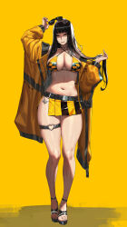 Rule 34 | 1girl, absurdres, belt, black hair, breasts, heart o-ring, highres, holding, holding removed eyewear, jacket, jeffr, large breasts, legs, long hair, looking at viewer, navel, open clothes, open jacket, original, shiny skin, simple background, skindentation, solo, sunglasses, swimsuit, unworn eyewear, yellow background, yellow eyes