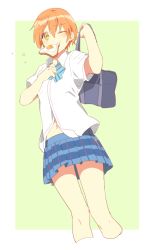 Rule 34 | 10s, 1girl, bag, bread slice, dress shirt, food, food in mouth, hoshizora rin, karuha, love live!, love live! school idol project, mouth hold, one eye closed, orange hair, school bag, shirt, short hair, skirt, solo, standing, toast, toast in mouth, white shirt, yellow eyes