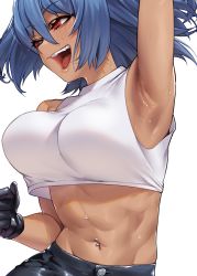 Rule 34 | 1girl, arm up, armpits, black gloves, blue hair, blush, breasts, commentary request, crop top, gloves, highres, large breasts, navel, navel piercing, open mouth, original, piercing, rakuga kiya, red eyes, simple background, smile, solo, sweat, teeth, tongue, upper teeth only, white background