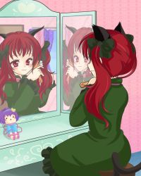Rule 34 | 1girl, alternate hairstyle, animal ears, brushing another&#039;s hair, brushing hair, cat ears, cat girl, cat tail, character doll, doll, female focus, hair brush, kaenbyou rin, komeiji satori, kotomi (artist), kotomi (happy colors), mirror, multiple tails, red eyes, red hair, tail, touhou, twintails