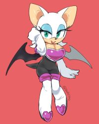 Rule 34 | 1girl, bat girl, boots, breasts, cleavage, closed mouth, elbow gloves, eyeshadow, furry, furry female, gloves, green eyes, highres, lipstick, looking at viewer, makeup, red background, rouge the bat, simple background, smile, solo, sonic (series), swacoro, thighhighs, white footwear, white gloves, wings