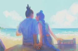 Rule 34 | absurdly long hair, artist name, beach, black hair, blue hair, blue sky, braid, braided ponytail, chair, cloud, couple, dated, day, from behind, godzillapigeon1, green shirt, hand up, highres, holding hands, horizon, long hair, ocean, outdoors, sand, scissor seven, seven (scissor seven), shirt, short hair, short sleeves, signature, sketch, skirt, sky, standing, table, thirteen (scissor seven), topknot, very long hair, water, white shirt