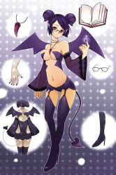Rule 34 | artist request, breasts, character request, cleavage, demon girl, glasses, horns, purple hair, red eyes, smile, source request, demon girl, tail, wings