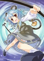 Rule 34 | 1girl, animal ears, basket, bloomers, blue hair, blush, capelet, dress, female focus, jewelry, loafers, mouse (animal), mouse ears, mouse tail, nazrin, open mouth, pendant, perspective, red eyes, sakino shingetsu, shoes, short hair, smile, socks, solo, tail, touhou, underwear, white socks