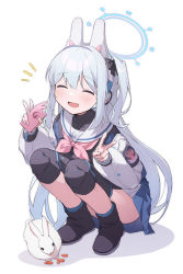 Rule 34 | 1girl, animal, animal ears, black bow, black footwear, blue archive, blue hair, blue skirt, blush, bow, bowtie, braid, carrot, cellphone, collarbone, commentary request, covered collarbone, double v, eating, closed eyes, fake animal ears, food, hair between eyes, hair bow, hakasesuitchi, halo, headphones, holding, holding phone, knee pads, light blue hair, long hair, miyako (blue archive), open mouth, phone, pink bow, pink bowtie, rabbit, school uniform, serafuku, simple background, skirt, squatting, turtleneck, twintails, uniform, v, very long hair, white background
