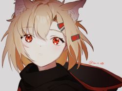 Rule 34 | 1girl, animal ears, arknights, black cape, blonde hair, cape, extra ears, fox ears, fox girl, grey background, hair ornament, hairclip, highres, hood, hood down, hooded cape, inu to milk, looking at viewer, notched ear, parted lips, portrait, red eyes, short hair, simple background, solo, twitter username, vermeil (arknights)