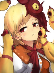 Rule 34 | 1girl, animal, animal on head, bird, bird on head, bird wings, blonde hair, breasts, capelet, chick, chicken, dress, highres, multicolored hair, nama shirasu, niwatari kutaka, on head, orange capelet, orange dress, red eyes, red hair, red neckwear, rubber chicken, shirt, simple background, small breasts, sweatdrop, symbol-only commentary, touhou, two-tone hair, white background, white shirt, wings, yellow wings