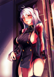 Rule 34 | 1girl, azur lane, black panties, black ribbon, blush, breasts, buttons, clothing cutout, cross, door, double-breasted, dusk, garter straps, gloves, hair between eyes, hair ribbon, highres, indoors, iron cross, jacket, large breasts, light particles, locking, long hair, looking at viewer, multicolored clothes, multicolored hair, multicolored jacket, no bra, open mouth, otsunabe (naabe delta), panties, prinz eugen (azur lane), red hair, ribbon, seductive smile, side cutout, sideboob, sidelocks, silver hair, smile, solo, streaked hair, tareme, thighhighs, two side up, underwear, very long hair