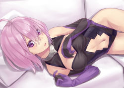 Rule 34 | 1girl, bed sheet, black gloves, black leotard, blush, breasts, cleavage, clothing cutout, commentary request, doonatsu., elbow gloves, fate/grand order, fate (series), gloves, hair between eyes, highleg, highleg leotard, indoors, leotard, looking at viewer, lying, mash kyrielight, medium breasts, navel, navel cutout, on side, open mouth, pillow, pink hair, purple eyes, solo