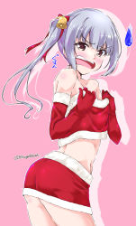 Rule 34 | 1girl, alternate costume, ass, bare shoulders, bell, blush, brown eyes, elbow gloves, embarrassed, gloves, hair ribbon, jingle bell, kantai collection, kasumi (kancolle), mikage takashi, miniskirt, navel, open mouth, oversized clothes, oversized shirt, red gloves, ribbon, shirt, side ponytail, silver hair, skirt, solo, sweat, tears, twitter username