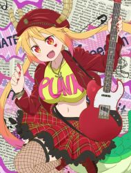 Rule 34 | 10s, 1girl, :d, absurdres, alternate costume, beret, blonde hair, boots, breasts, clothes writing, crop top, dragon tail, electric guitar, english text, fang, fishnets, guitar, hat, heart, highres, horns, instrument, kobayashi-san chi no maidragon, large tail, midriff, nail polish, navel, necklace, open mouth, plectrum, punk, red eyes, red nails, screencap, skull necklace, slit pupils, smile, stitched, tail, thighhighs, third-party edit, tohru (maidragon), twintails, wristband