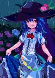 Rule 34 | 1girl, black hat, blue hair, bow, bowtie, brodall pixel, center frills, clothes lift, commentary request, flower, frills, hat, highres, hinanawi tenshi, hydrangea, lifting own clothes, long hair, looking at viewer, outdoors, peach hat ornament, pixel art, rain, red bow, red bowtie, red eyes, see-through, short sleeves, skirt, skirt lift, solo, touhou, wet, wet clothes