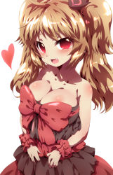 Rule 34 | 10s, 1girl, :d, bare shoulders, blush, breasts, brown hair, cleavage, dress, fang, fantasista doll, female focus, large breasts, long hair, looking at viewer, malus (fantasista doll), open mouth, red eyes, smile, solo, tokyo (great akuta), twintails