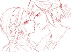 Rule 34 | 1boy, 1girl, after kiss, blush, braid, collarbone, commentary request, eye contact, from side, hand on another&#039;s chest, hand up, hetero, link, long hair, looking at another, monochrome, nintendo, parted lips, pointy ears, portrait, princess zelda, profile, saliva, saliva trail, seri (yuukasakura), shirt, short hair, short ponytail, tears, the legend of zelda, the legend of zelda: breath of the wild