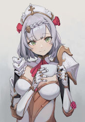 Rule 34 | 1girl, absurdres, armor, boobplate, braid, breastplate, breasts, combat maid, cup, female focus, flower, flower hair ornament, gauntlets, genshin impact, gloves, green eyes, head tilt, highres, holding, holding cup, kuweichuanxin jr, maid, maid headdress, medium breasts, noelle (genshin impact), pauldrons, rose, short hair, shoulder armor, silver hair, smile, solo, teacup, upper body, white gloves