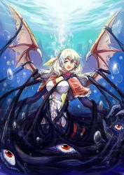 Rule 34 | 1girl, bat wings, bow, breasts, bubble, capelet, cleavage, dress, closed eyes, hair bow, highres, long hair, open mouth, pixiv fantasia, pixiv fantasia sword regalia, silversirius, solo, tentacles, underwater, white hair, wings