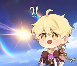 Rule 34 | !?, 1boy, aether (genshin impact), ahoge, arm armor, armor, blonde hair, blue sky, blush, braid, brown gloves, brown shirt, clenched hands, cloud, cloudy sky, commentary, day, earrings, english commentary, genshin impact, gloves, gold trim, hair between eyes, hair ornament, hair ribbon, hands up, highres, in-universe location, jewelry, long hair, looking to the side, male focus, open mouth, outdoors, ribbon, scarf, shirt, short sleeves, shoulder armor, single earring, sky, smile, sn jiho, solo, standing, star (sky), tearing up, upper body, white ribbon, white scarf, yellow eyes