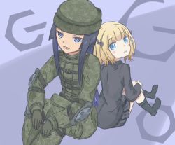 Rule 34 | 2girls, blonde hair, blue eyes, blue hair, bow, camouflage, commentary, dual persona, elbow pads, hair bow, hat, height difference, highres, milana sidorova, multiple girls, school uniform, side-by-side, sword art online, sword art online alternative: gun gale online, toma (sao), user pypn2283