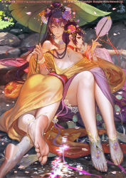 Rule 34 | 2girls, anklet, armlet, ass, back, barefoot, barefoot sandals (jewelry), bracelet, choker, circlet, dress, earrings, flower, foot focus, foreshortening, giant leaf, girl on top, hair flower, hair ornament, hand fan, headdress, japanese clothes, jewelry, kimono, leaf umbrella, legs, long hair, looking at viewer, looking back, lotus, multiple girls, nature, necklace, official art, original, petals, petals on liquid, pond, purple hair, rock, scrunchie, soles, toe ring, toes, water, wrist scrunchie, xiaji, yellow eyes, yuri