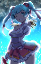 Rule 34 | 1girl, aqua eyes, blue hair, breasts, clearite, earrings, epaulettes, gloves, glowing, glowstick, grin, jewelry, long hair, looking at viewer, megaphone, multicolored hair, nanasaki nicole, necklace, one eye closed, pink hair, pointing, short hair with long locks, skirt, smile, solo, tokyo 7th sisters, two-tone hair