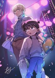 Rule 34 | 2boys, amuro tooru, antenna hair, belt collar, blonde hair, blouse, blue eyes, brown hair, brown pants, cherico, child, closed mouth, collar, commentary request, denim, edogawa conan, glasses, hair between eyes, highres, holding, holding skateboard, jacket, jeans, long sleeves, male focus, meitantei conan, multiple boys, neon lights, night, night sky, open mouth, pants, shirt, short hair, signature, skateboard, sky, solo focus, standing, white shirt