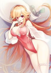 Rule 34 | 1girl, azur lane, blonde hair, breasts, cleavage, commentary request, frilled swimsuit, frills, hat, highleg, highleg swimsuit, highres, large breasts, long hair, noko, official alternate costume, one-piece swimsuit, pink one-piece swimsuit, red eyes, richelieu (azur lane), richelieu (fleuron of the waves) (azur lane), side-tie swimsuit, sideboob, sun hat, swimsuit, tongue, tongue out