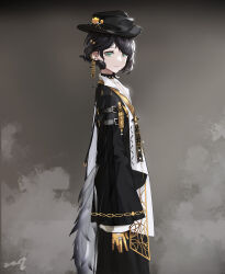 Rule 34 | 1girl, absurdres, amaia (arknights), arknights, arms at sides, belt, belt buckle, black belt, black choker, black hair, black hat, black jacket, buckle, choker, closed mouth, commentary, earrings, from side, gloves, green eyes, hat, highres, jacket, jewelry, lips, looking at viewer, looking to the side, mole, mole under eye, mole under mouth, ring, short hair, smile, solo, upper body, yellow gloves, zzq