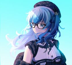 Rule 34 | 1girl, bad id, bad pixiv id, beret, black-framed eyewear, black hat, black jacket, black ribbon, blue background, blue eyes, blue hair, commentary request, floating hair, glasses, gradient background, hair ornament, hair ribbon, hat, highres, hololive, hoshimachi suisei, hoshimachi suisei (streetwear), jacket, long hair, looking away, looking to the side, off shoulder, one side up, open clothes, open jacket, ribbon, sasatabekung, shirt, solo, star (symbol), star hair ornament, upper body, virtual youtuber, white shirt