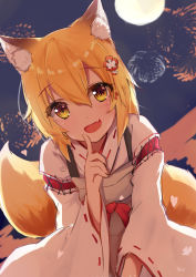 Rule 34 | 1girl, :d, absurdres, aerial fireworks, animal ear fluff, animal ears, apron, blonde hair, blurry, blurry background, blush, brown apron, depth of field, fang, fireworks, flower, fox ears, fox girl, fox tail, full body, hair between eyes, hair flower, hair ornament, highres, japanese clothes, kimono, leaning forward, long hair, long sleeves, looking at viewer, night, night sky, open mouth, red flower, ribbon-trimmed sleeves, ribbon trim, senko (sewayaki kitsune no senko-san), sewayaki kitsune no senko-san, signature, sky, smile, solo, tail, white kimono, wide sleeves, yellow eyes, yue (qtxyjiang)
