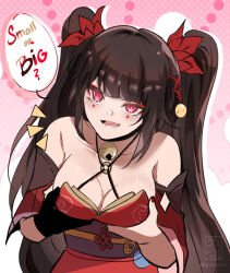 Rule 34 | 1girl, :d, bare shoulders, bell, black choker, black hair, breasts, choker, cleavage, commentary, criss-cross halter, detached sleeves, eyeshadow, facial mark, halterneck, honkai: star rail, honkai (series), jingle bell, long hair, looking at viewer, makeup, michi (69michichi), o-ring, obi, open mouth, pink background, pink eyes, sash, short sleeves, smile, solo, sparkle (honkai: star rail), symbol-only commentary, twintails, upper body, very long hair