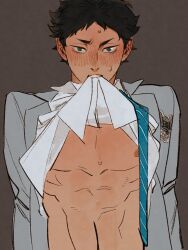 Rule 34 | 1boy, akaashi keiji, blue necktie, blush, brown background, brown hair, chengongzi123, clothes lift, collared jacket, collared shirt, commentary, green eyes, grey jacket, haikyuu!!, highres, jacket, looking at viewer, male focus, mouth hold, necktie, nipples, shirt, shirt lift, short hair, simple background, striped necktie, sweat, symbol-only commentary, upper body, very short hair, white shirt