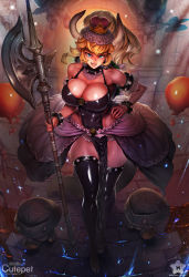Rule 34 | 1girl, armlet, armor, black collar, black dress, black thighhighs, blonde hair, blue eyes, bob-omb, bowsette, bracelet, breasts, brooch, cleavage, collar, collarbone, crown, cutepet, detached collar, dress, earrings, fingernails, forked eyebrows, goomba, grin, halberd, hand on own hip, highres, hip vent, holding, holding weapon, horns, impossible clothes, impossible dress, jewelry, koopa troopa, lace, large breasts, latex, latex dress, latex legwear, long hair, mario (series), narrow waist, new super mario bros. u deluxe, nintendo, pelvic curtain, pointy ears, polearm, ponytail, seamed legwear, sharp fingernails, sharp teeth, showgirl skirt, smile, solo focus, spiked armlet, spiked bracelet, spiked collar, spiked shell, spiked tail, spiked thighlet, spikes, super crown, tail, teeth, thick eyebrows, thighhighs, thighs, turtle shell, walking, watermark, weapon, wide hips
