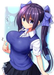 Rule 34 | 1girl, black skirt, blue bow, blue eyes, blue vest, blush, bow, breasts, closed mouth, collared shirt, commentary request, hair between eyes, hair bow, hand up, highres, impossible clothes, large breasts, long hair, mokufuu, original, pleated skirt, polka dot, polka dot bow, purple hair, school uniform, shirt, simple background, skirt, solo, speech bubble, twintails, two side up, upper body, very long hair, vest, white shirt