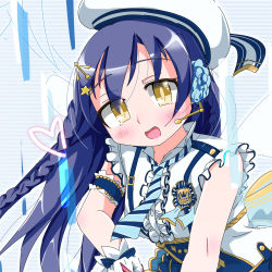 Rule 34 | 1girl, 41ten, arrow hair ornament, artist name, artist request, blue hair, blush, braid, collared shirt, earrings, female focus, flower, gloves, hair between eyes, hair flower, hair ornament, hairclip, hat, highres, jewelry, long hair, looking at viewer, love live!, love live! school idol festival, love live! school idol festival all stars, love live! school idol project, necktie, ribbon, shirt, smile, solo, sonoda umi, standing, star (symbol), star hair ornament, white gloves, yellow eyes